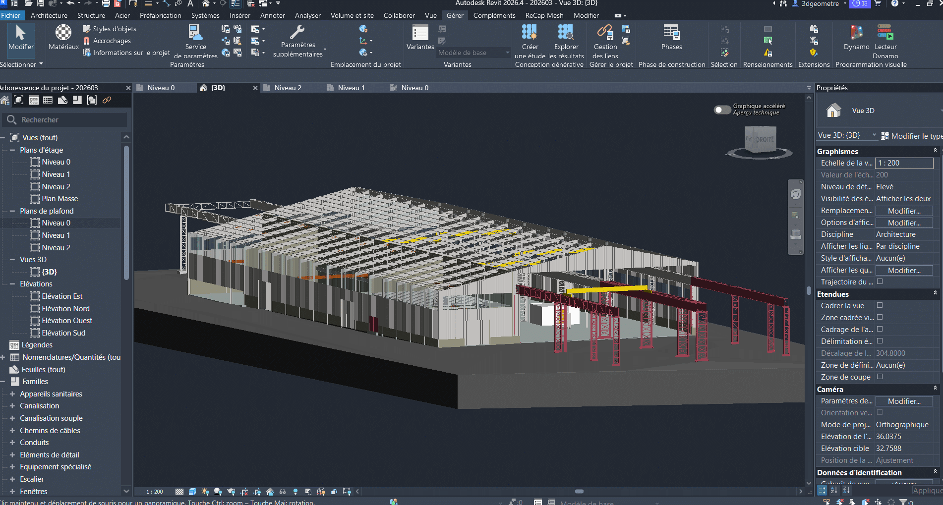 Vue du logiciel REVIT d'un bâtiment industriel